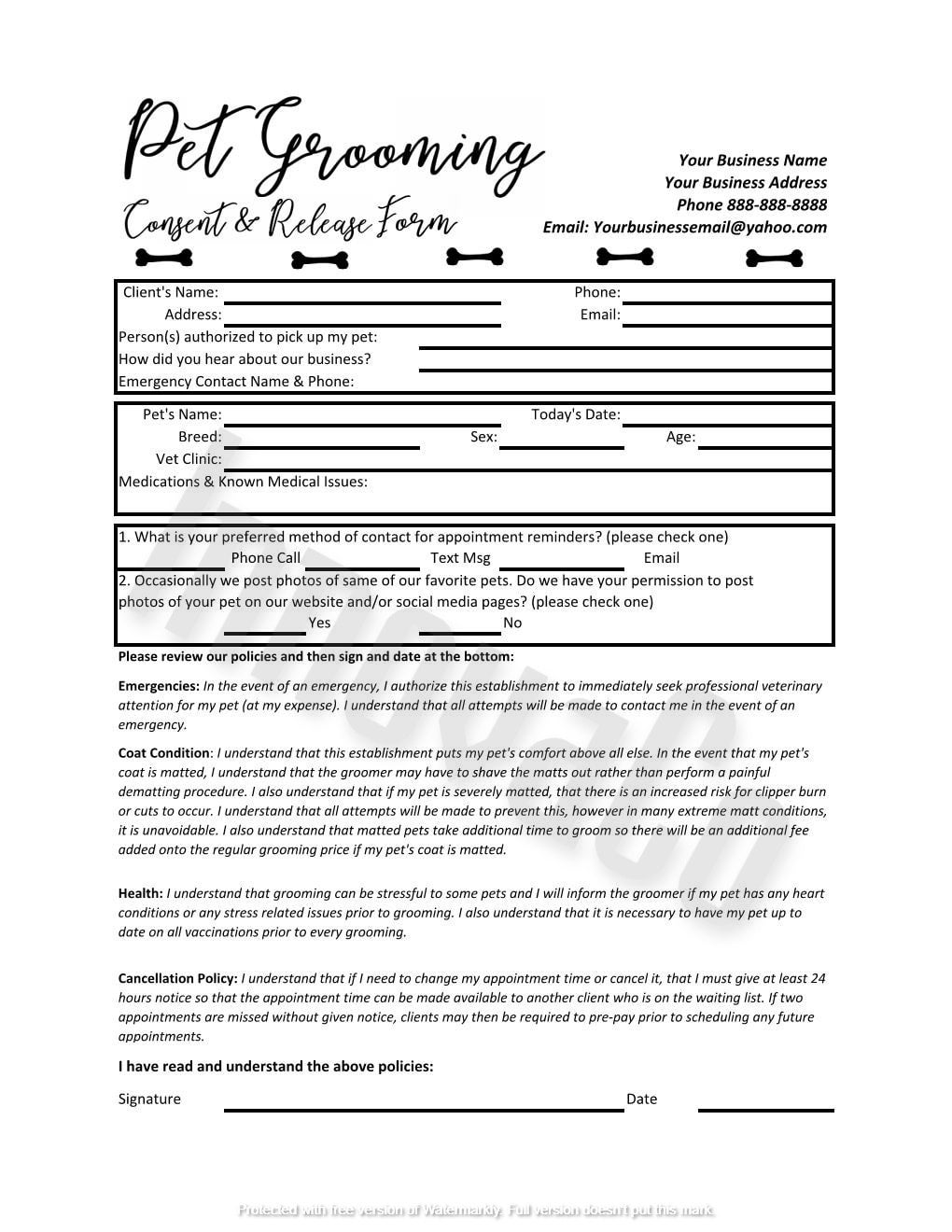 pet grooming consent and release form, pet grooming, dog grooming